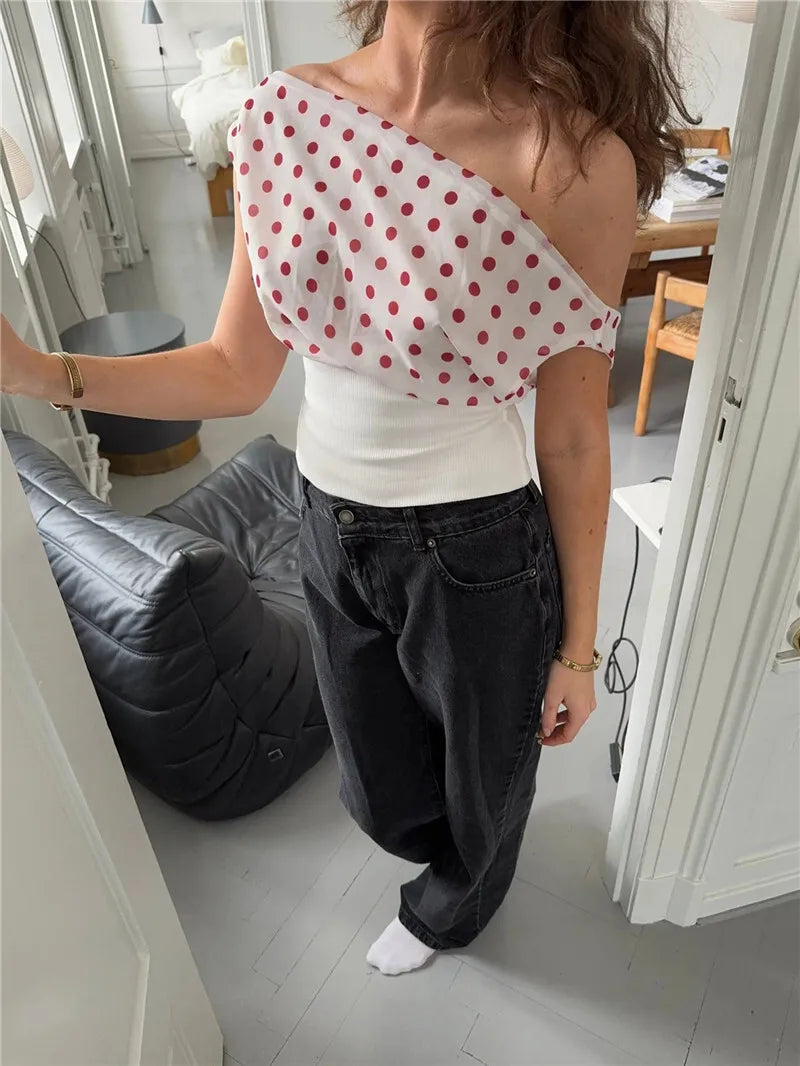 Backless Polka Dot Crop Tops Women Vest Fashion Summer New Oblique Shoulder Sleeveless Tank Tops Pullovers Female