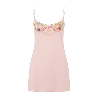Sweetheart Neck Floral Embroidered Mesh Cup Satin Mini Dress