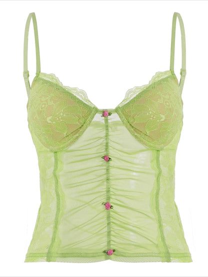 New Women's Lace Patchwork Mesh V Neck Cami Top Sexy 3D Floral Decor See Through Slim Y2K Club Party Streetwear