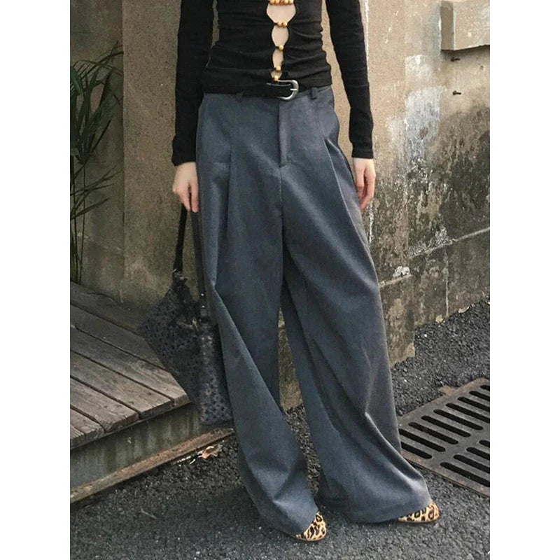 Women Pleated Front Gray Wide Leg Suit Pants Vintage High Rise Pockets Loose Solid Draped Long Trousers Work Casual Clothes