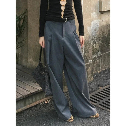 Women Pleated Front Gray Wide Leg Suit Pants Vintage High Rise Pockets Loose Solid Draped Long Trousers Work Casual Clothes