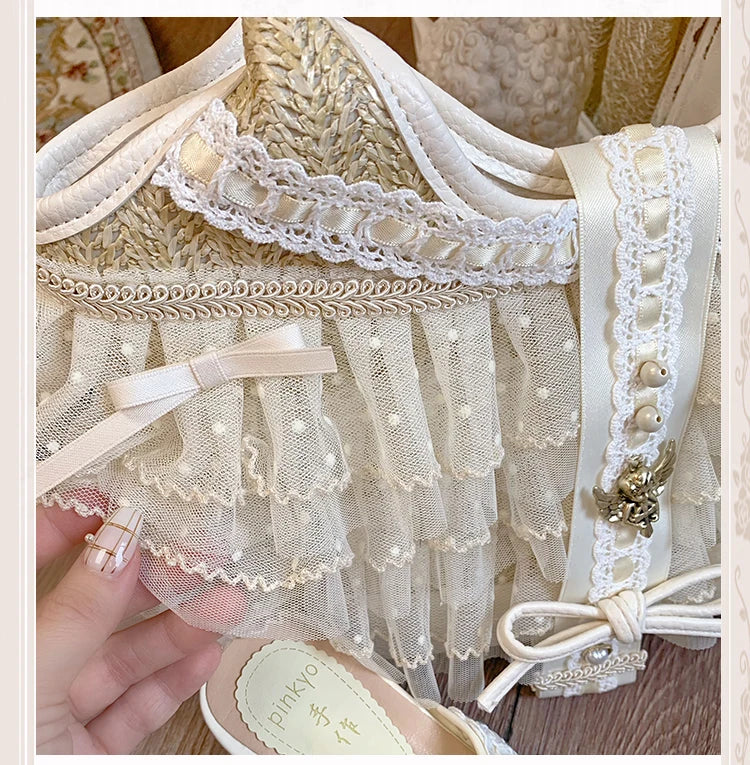 Elegant Lady Japanese Original Lolita Lace Ribbon Bow Handbag Vacation Style Sweet Cute Doll Daily Commuter Versatile Tote Bag