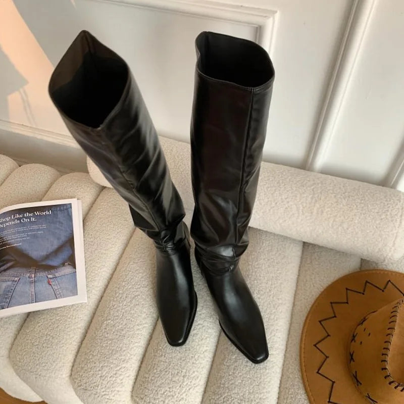 Hot Girls Knee- High Boots Slip On Simple Pleated Microfiber Winter Botas Big Girth Spring Autumn Modern Woman Boots Size 43