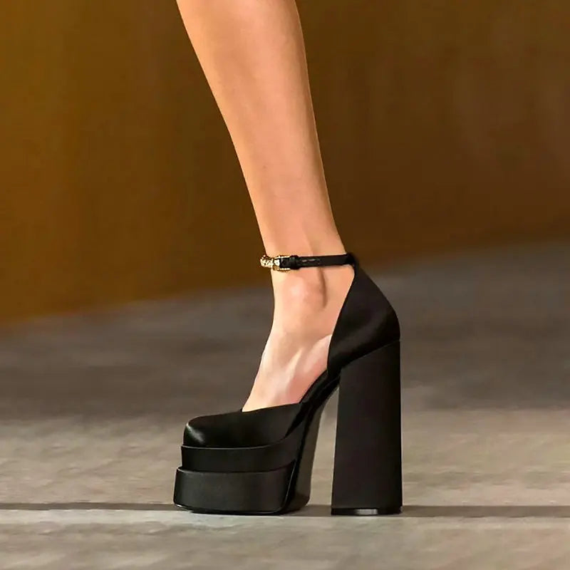 High Quality Satin Women Super High Heels Square Toe Platform Ankle Strap Party Wedding Shoes Mary Jane Chunky Heel Shoes