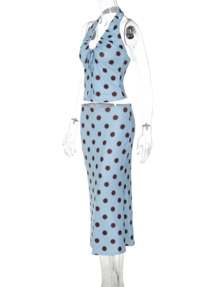 Polka Dot Print Tie Up Front Ruched Deep V Halter Top Midi Skirt 2 Piece Set for Women Summer Trend Daily Street Outfit