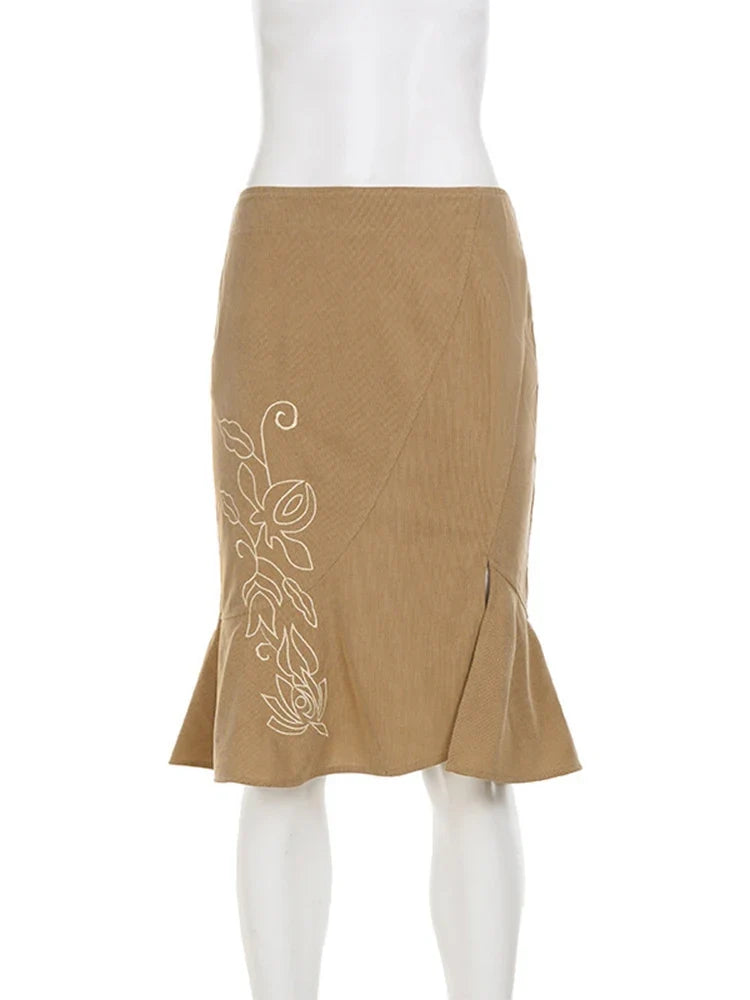 Women's Vintage Midi Skirt 2026 Summer High Waist Slim Ruffle Fishtail Skirts Party Side Slit Elegant Embroidery Skirt