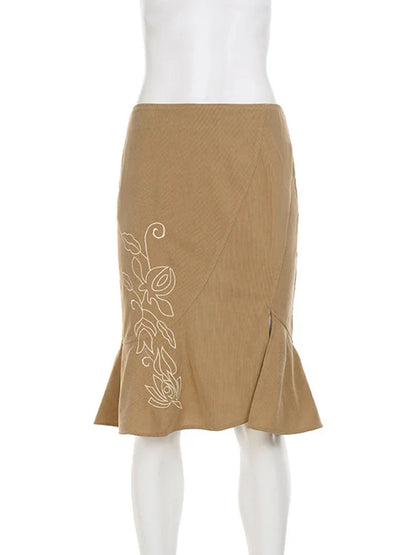 Women's Vintage Midi Skirt 2026 Summer High Waist Slim Ruffle Fishtail Skirts Party Side Slit Elegant Embroidery Skirt