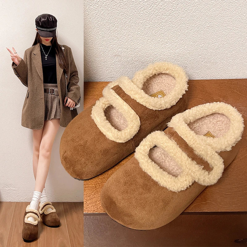 Female Shoes Breathable Winter Cotton Thick Warm Plush Fur Simple Buckle Moccasin Anti-Slippery Autumn New Hot Retro