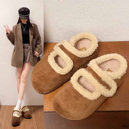 Female Shoes Breathable Winter Cotton Thick Warm Plush Fur Simple Buckle Moccasin Anti-Slippery Autumn New Hot Retro