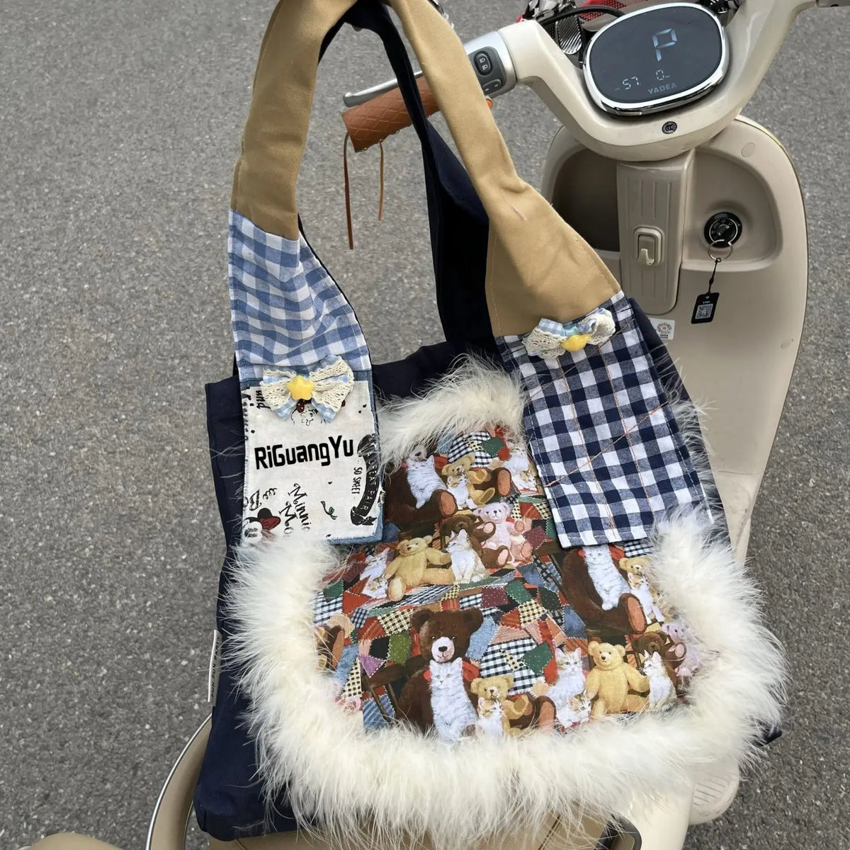 Fur Patchwork Vintage Plaid Shoulder Bags Sweet Y2k Cartoon Bear Chic Bow Handbags Casual Women Harajuku Ins Grunge Underarm Bag