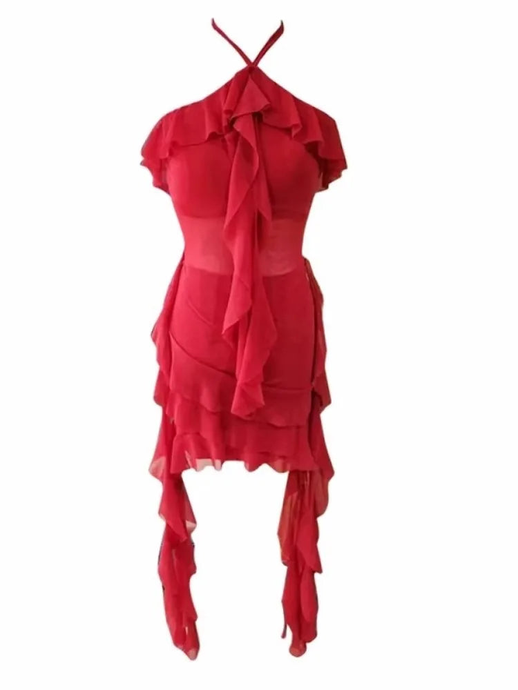 Sexy Dresses Women Irregular Ruffles Sleeveless Halter Mesh Patchwork Slim Backless Elegant Dress Party Female Holiday