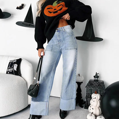 Autumn and Winter New Women's Retro High Waist Heavy Duty Straight Tube Micro Elastic Cowboy Pants