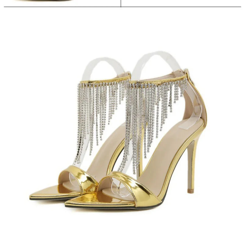 Buckle Strap Large Size 2024 Sandals Black Shoes for Women High Heels Open Toe Big New Party Beige High-heeled Rhinestone Peep C