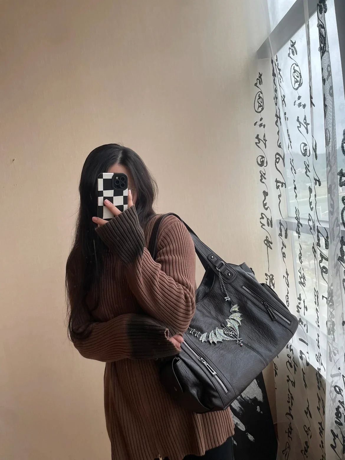 Black Gothic Handbag Y2K Punk Bags Leather Versatile Daily Crossbody Bag Message Tote Bags