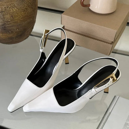 Street Style Sexy Pointed Toe Metal Buckle Strap Women Pumps Stripper Sandals Slingback High Heels Female Shoes