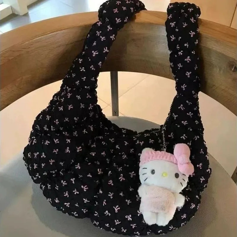 Korean Style Balletcore Bow Shoulder Bag Women Pleated Large Capacity Cloud Bag Ladies Sweet Cute Crossbody Bag New