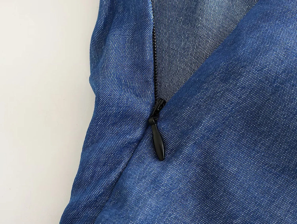 Women Slim Waist A-lined Robe Sexy Summer Dark Blue Polyester Cotton Denim Mini Strapless Dress