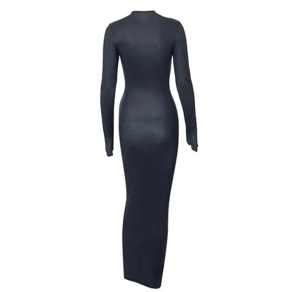 Crew Neck Long Sleeve Body Contour Print Bodycon Maxi Dress