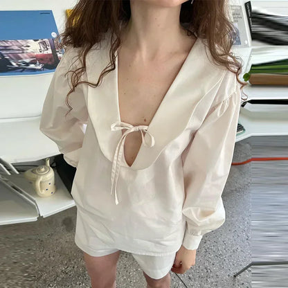 Sweet Bow Lace-up Women's Blouse Solid Loose Wavy Deep V-neck Puff Long Sleeve Tops 2024 Spring Summer Elegant Female Blouses