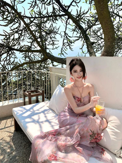 Woman Dress Sexy Elegant Sleeveless Floral Printed Spring Fashion Irregular Ruffles Holiday Hollow Out Backless Dresses
