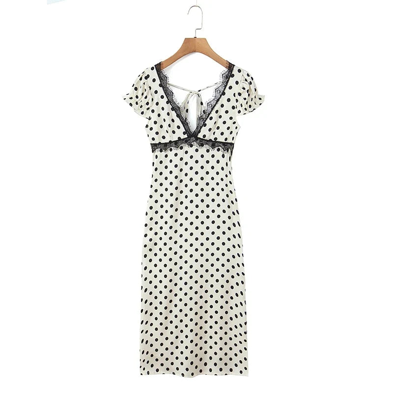 Elegant Girls Short Sleeve V Neck Lace Trim Polka Dot Summer Dress Sexy Backless A-line Midi Holiday Female Vestidos