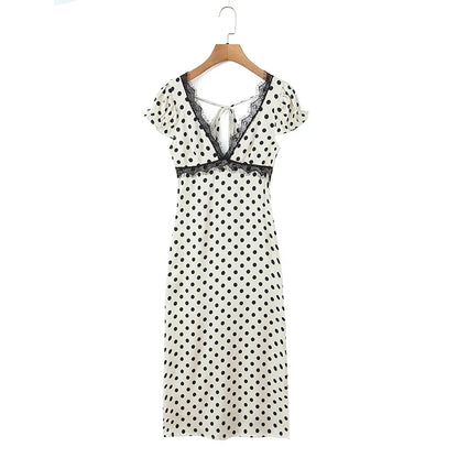 Elegant Girls Short Sleeve V Neck Lace Trim Polka Dot Summer Dress Sexy Backless A-line Midi Holiday Female Vestidos