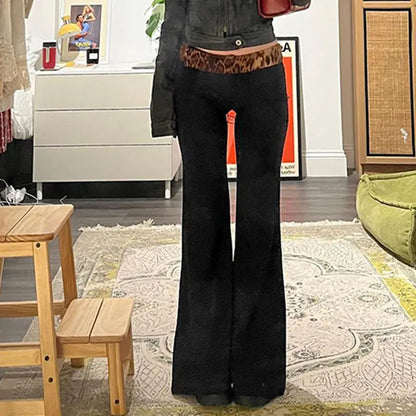 Leopard Print Patchwork Low Waist Flared Pants For Women To Slim Down Fashionable 2024 Spring Casual Solid Color Trousers