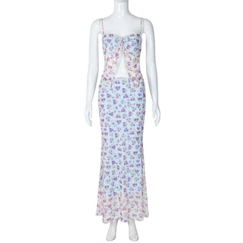 Women's Skirt Sets 90s Vintage Off Shoulder Sleeveless Tank Top with Long Skirts Y2k Elegant Two Piece Suit 2000s Clothes