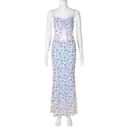 Women's Skirt Sets 90s Vintage Off Shoulder Sleeveless Tank Top with Long Skirts Y2k Elegant Two Piece Suit 2000s Clothes