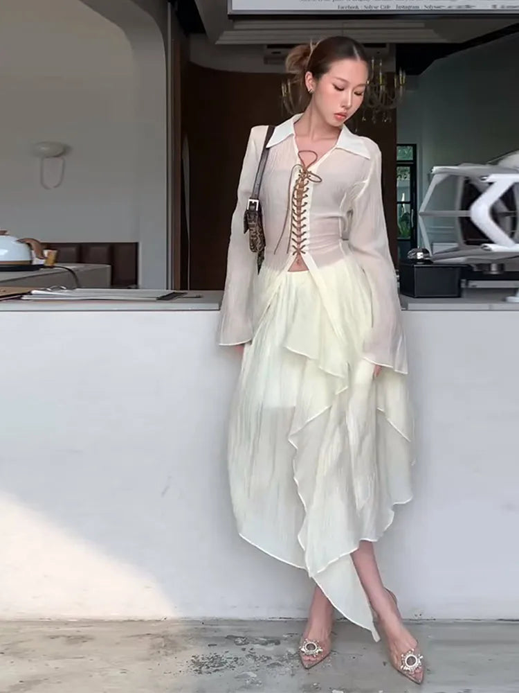 Lace Up V-Neck Shirt Ruffle Skirt Women Set Strings Lapel Sexy Waist Cinched Slimming Blouse Top Irregular Long Skirts Suit New