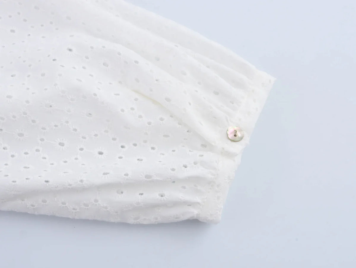 Lantern Sleeve Flower Embroidery Short Dress Elastic Waist A-line White Women Dress Vacation Casual Summer Dresses