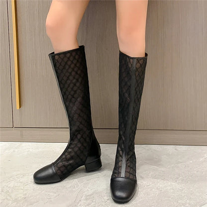 Knee High Mesh Hollow Out Lace Women Boots Round Toe Low Heels Solid Color New Fashion Elegant Concise Sweet Sexy Female Shoes