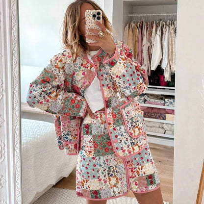 Ethnic Floral Print Parkas Coats for Women Casual O-neck Long Sleeve Winter Warm Quilted Coat 2 Piece Parkas Outwears