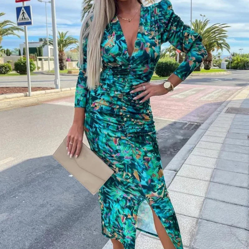 Women Sexy Floral Print Bohemian Long Dress Spring Deep V-neck Slim Bodycon Party Dress Autumn Puff Sleeve Front Slit Maxi Dress