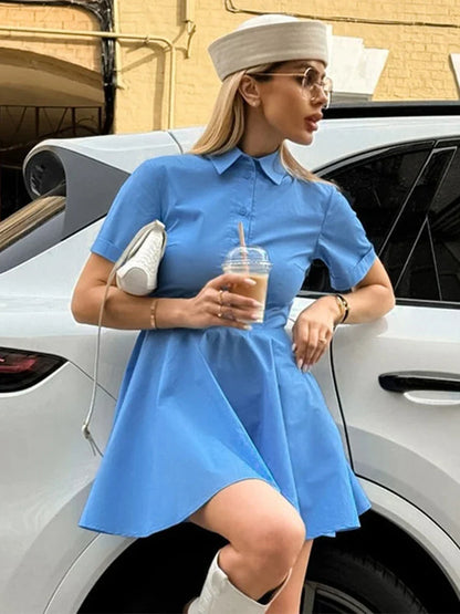 Elegant Blue Lapel Short Dresses Women Versatile Chic Slim Fit Full Sleeve Single Breasted Mini Dress Female Chic Street Daily