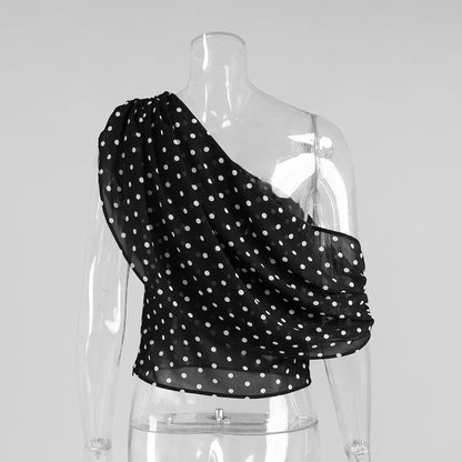 Black Polka Dot Sexy Asymmetric Blouse Women Sheer Mesh One Shoulder Draped Crop Top Women's Date Night Party Club Top