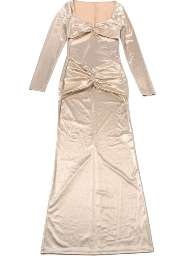 Women's Elegant Champagne Square Neck Long Sleeve Maxi Dress New Stylish Ruched Slim Bodycon Dress for Eveing Party Gown