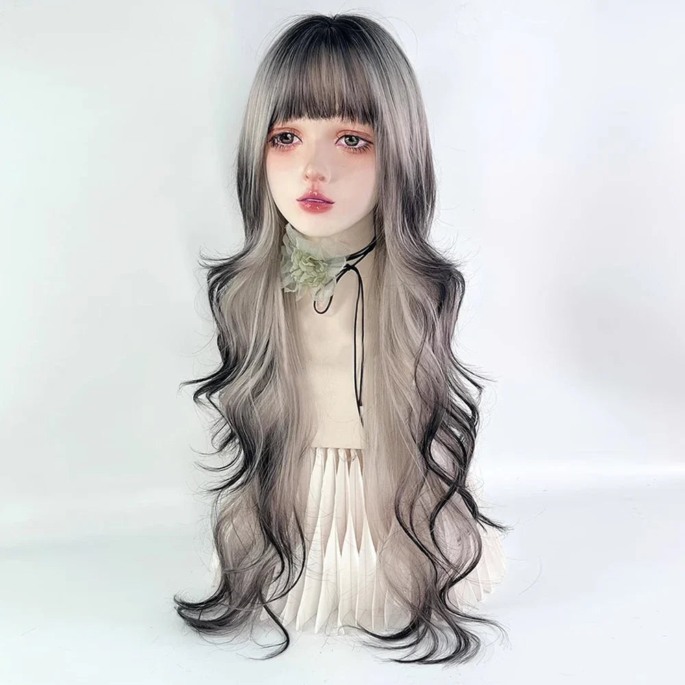 Black Ombre Beige long Synthetic Wavy Wig with Bangs Fluffy Lolita Cosplay Heat Resistant Wig for Daily Party