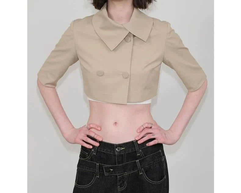 Small Niche Design with Exposed Belly Button, Short Style, Spicy Girl,Double Breasted, Five Point Mid Sleeved Windbreaker Jacket