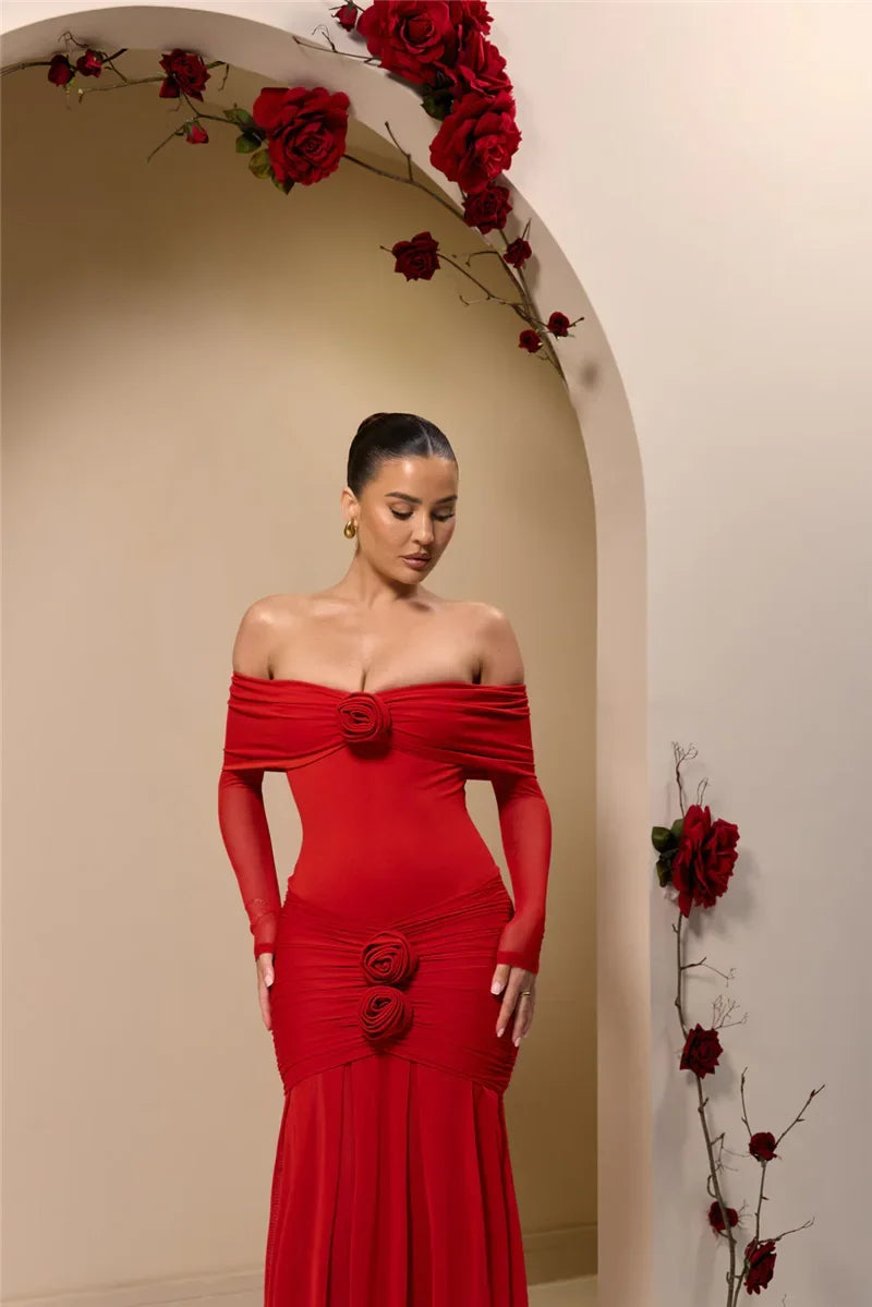Off Shoulder Mesh Sleeve Ruched Rosette Applique Mermaid Maxi Dress
