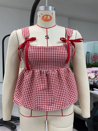 Women's Shoulder Tie Tank Tops Classic Plaid Print Sleeveless Square Neck Ruffle Babydoll Peplum Vest for Summer Y2k Aesthetic