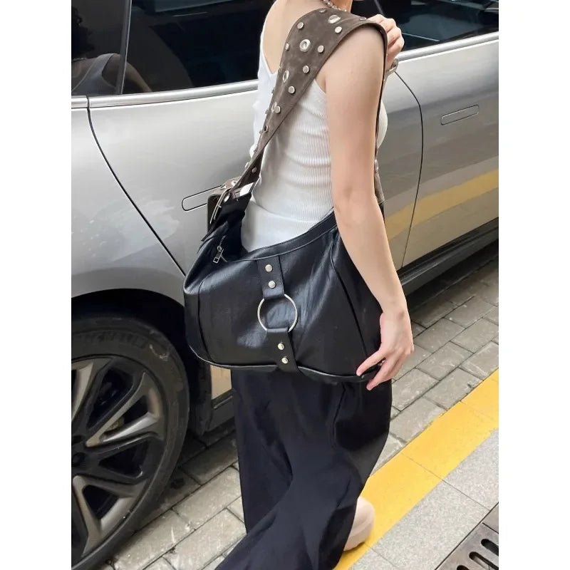 Y2k Punk Black Large Capacity Tote Bag Women Vintage Commuting Korean Trendy Shoulder Bag Motorcycle Designer Crossbody Bag