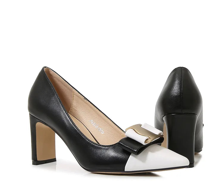 Women Newest Sweet Black And White Thick High Heels Shoes Pumps Big Bow Stilettos Pointy Toe Slip-On 35-46 28cm 7.5cm Chaussures