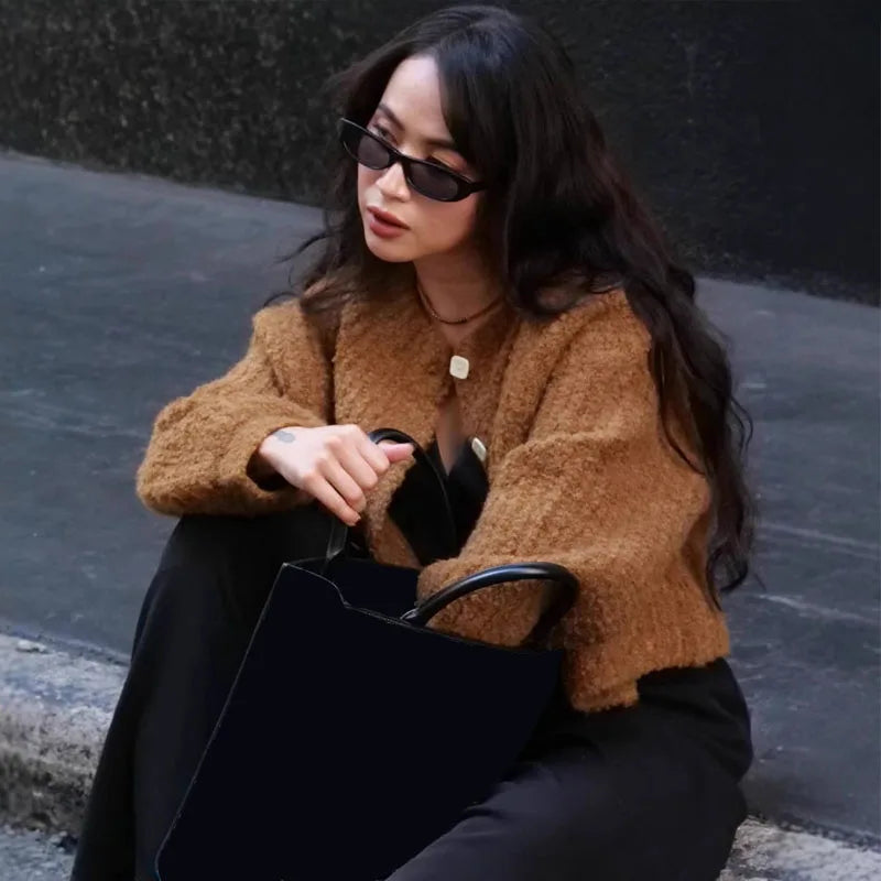 Solid Color Simple Knitted Women's Cardigan Casual Loose Round Neck Single Breasted Sweater Fashion Retro Tops Short Sweaters