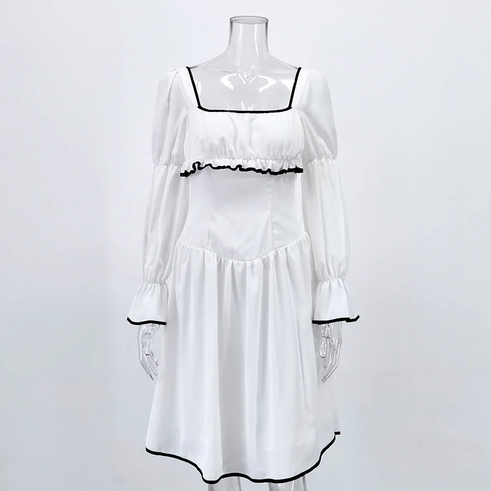 White Elegant A-line Mini Dress Women 2025 New Spring Square Collar Long Sleeve Vestidos High Waist Casual Fashion Short Dresses