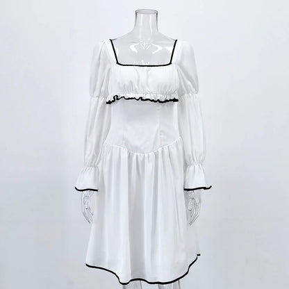 White Elegant A-line Mini Dress Women 2025 New Spring Square Collar Long Sleeve Vestidos High Waist Casual Fashion Short Dresses