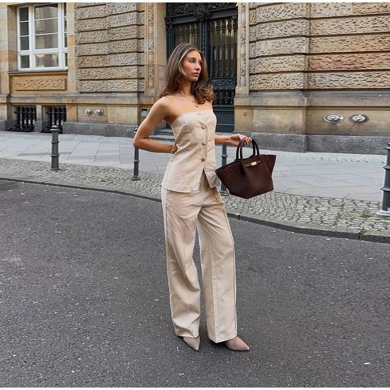 Casual Single Breasted Pants Sets Women Solid Strapless Top High Waist Wide Leg Pant 2025 Spring Summer Lady High Street Outfits