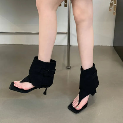 Autumn Black Women Ankel Boots Fashion Open Toe Sandal Shoes Thin High Heel Ladies Elegant Short Boots Dres Pumps Shoes
