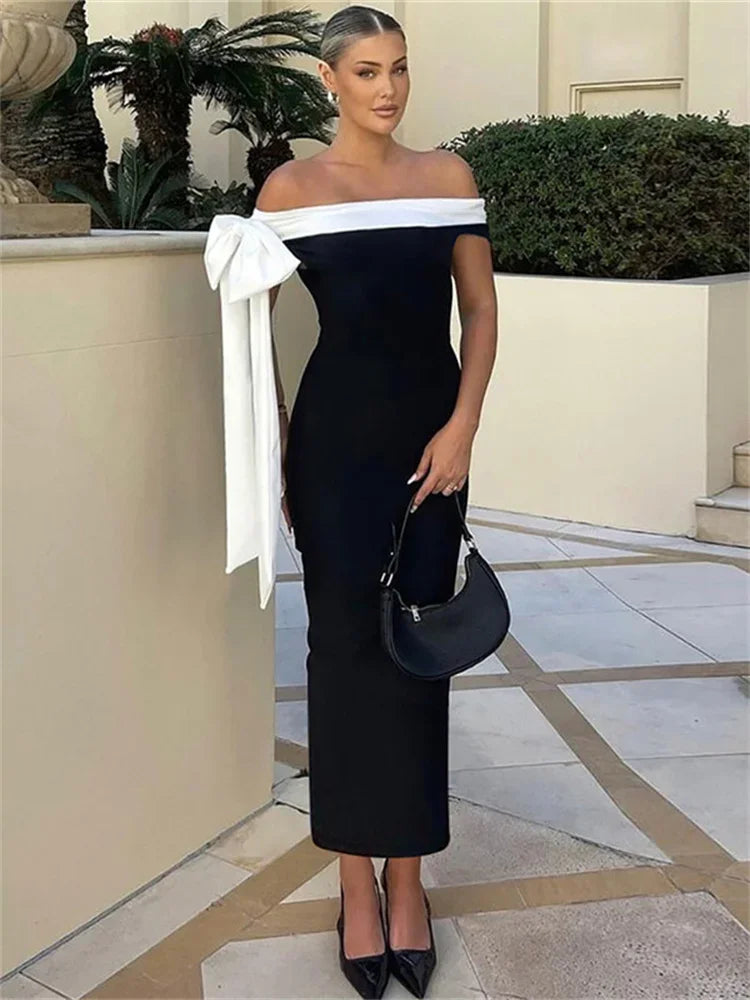 Off Shoulder Contrast Bow Shoulder Ribbon Bodycon Maxi Dress