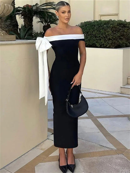 Off Shoulder Contrast Bow Shoulder Ribbon Bodycon Maxi Dress